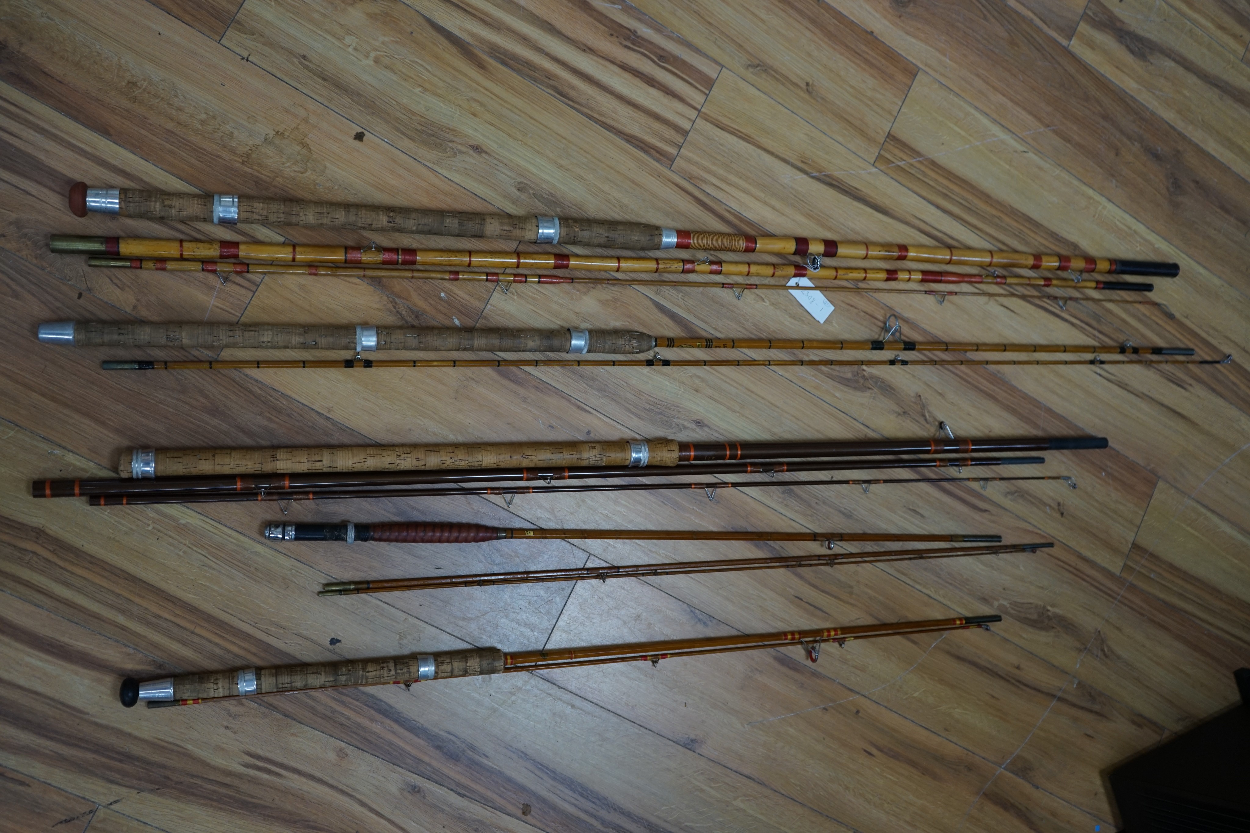 A collection of mixed split cane fishing rods, Les Compton, Elasticane, Carton-James and another (4)